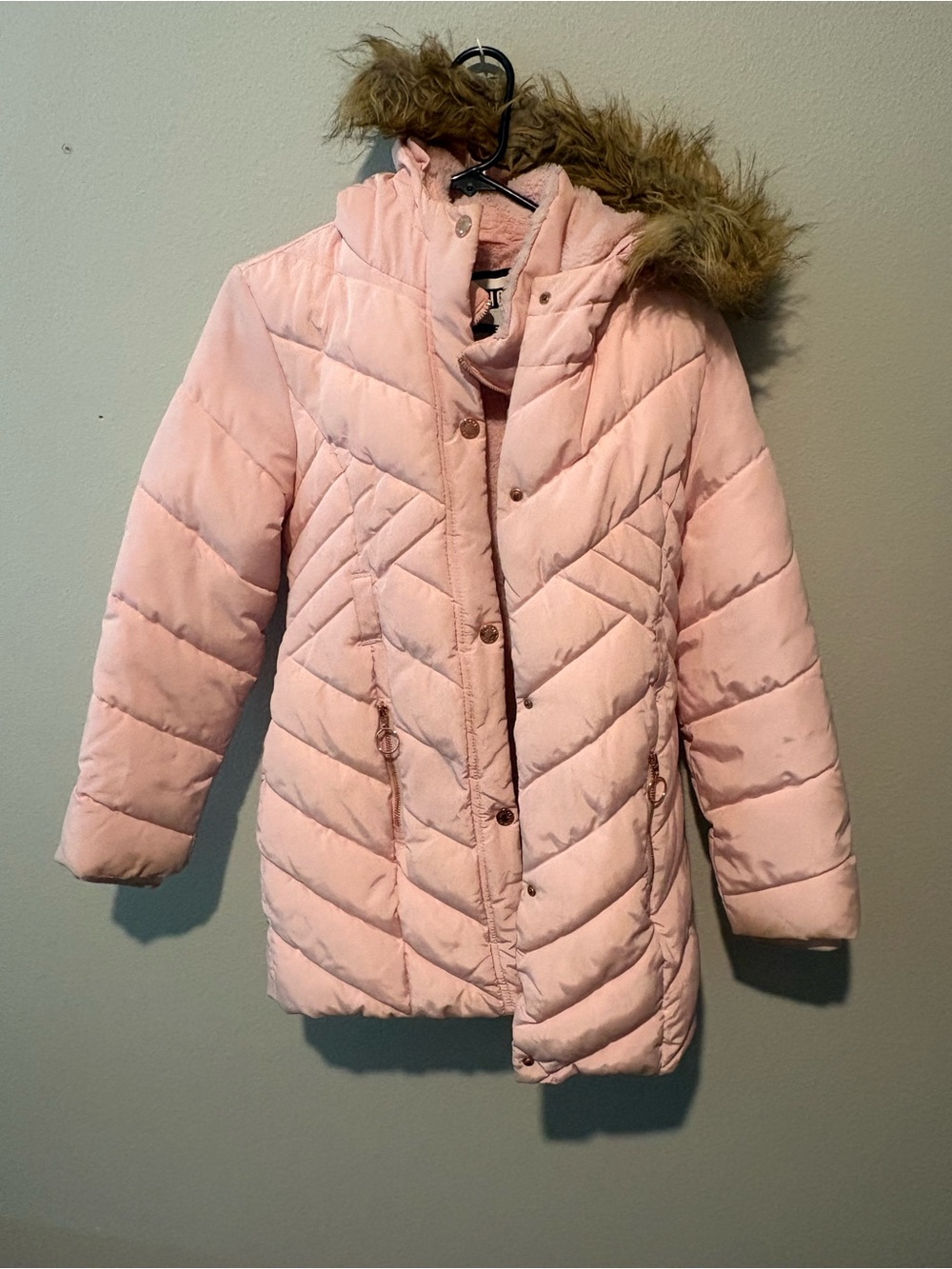Justice Light Pink Quilted Puffer Coat with Faux-Fur Trim Hood